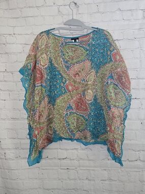 Talbots Paisley Sheer Poncho Top in Turquoise & Coral S M